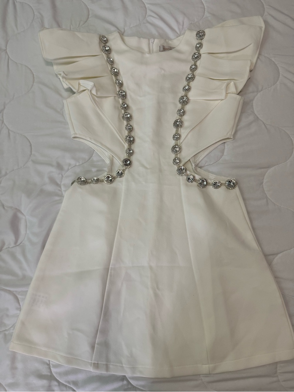 Embellished White Ruffle Shoulder Cutout Dress for Girls